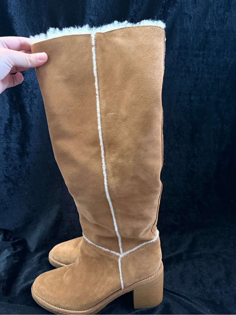UGG Tall Chestnut Suede Shearling-Trim Heeled Boots